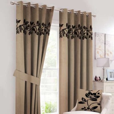 Light-Brown-Luxury-Leaf-Velvet-Curtains-Set-of-2-Pcs-Belts-